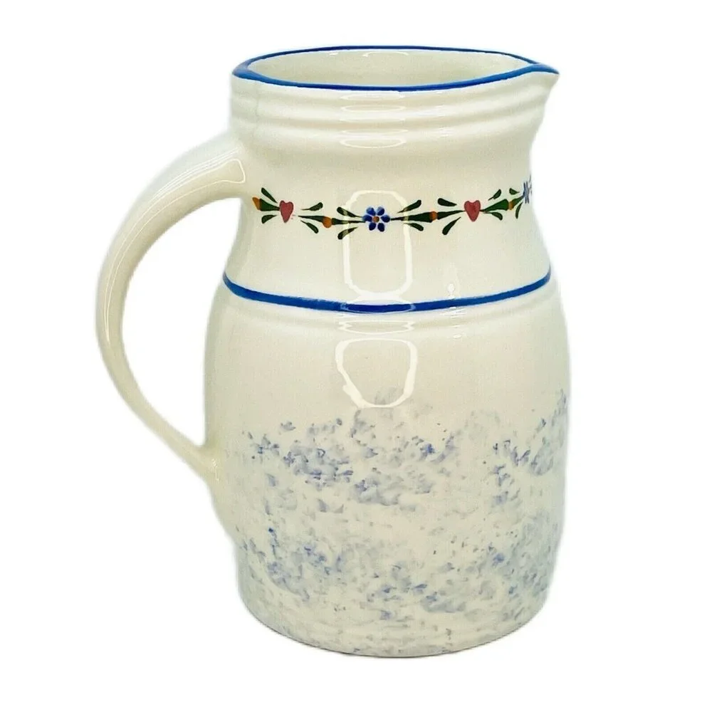 Jo-Chen Blue White Pottery Pitcher Hand Painted Blue Trim Red Hearts USA - Picture 1 of 10